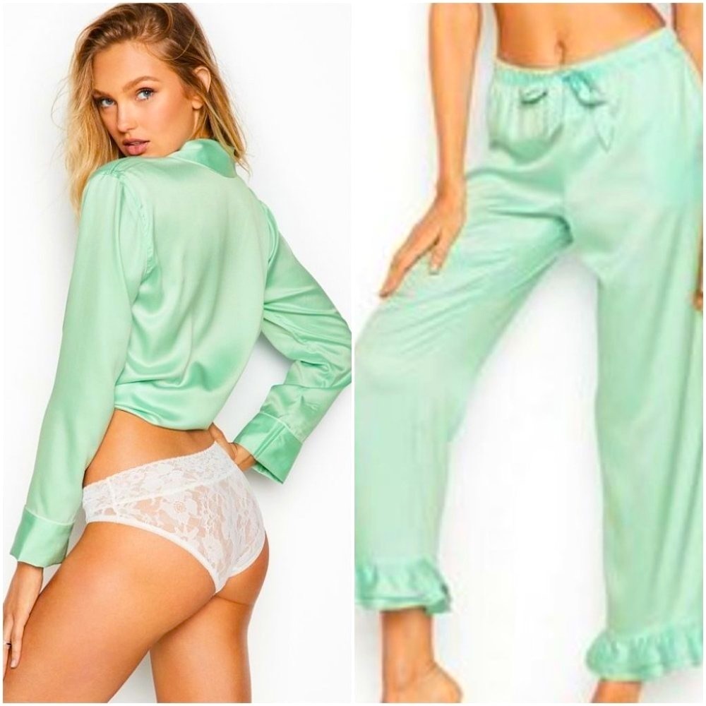 2 Pc Afterhour Pajama‎ Satin Trim Top-M, Pants- S